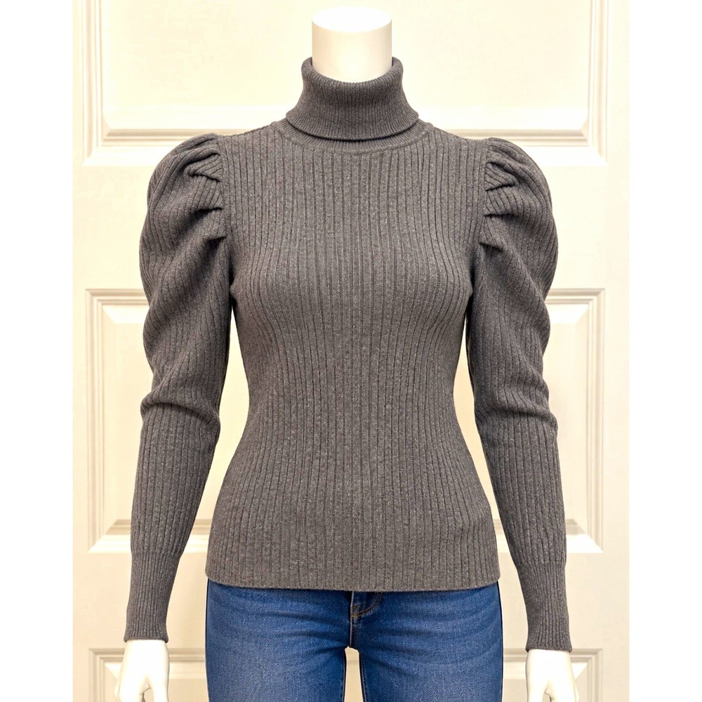 FASHION NOVA Women's Gray Ribbed Knit Turtleneck Puff Sleeve Slim Sweater Size L